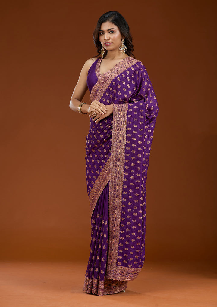 Purple Zariwork (Antique) Soft Raw Silk Saree