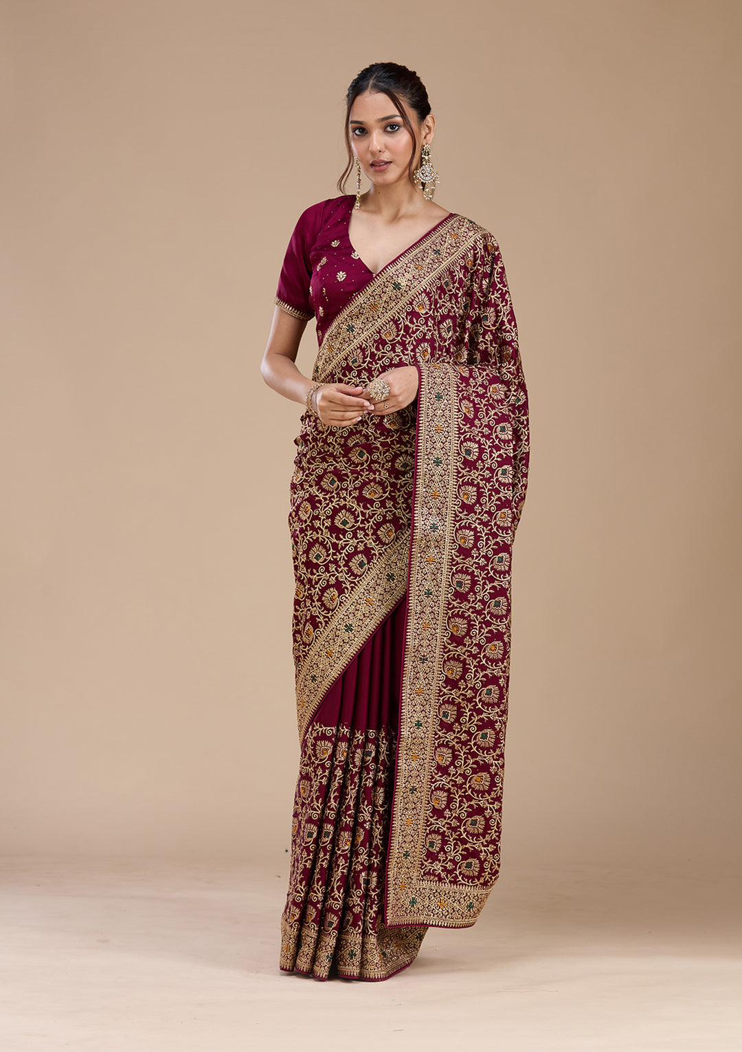 Wine Zariwork (Gold) Soft Raw Silk Saree