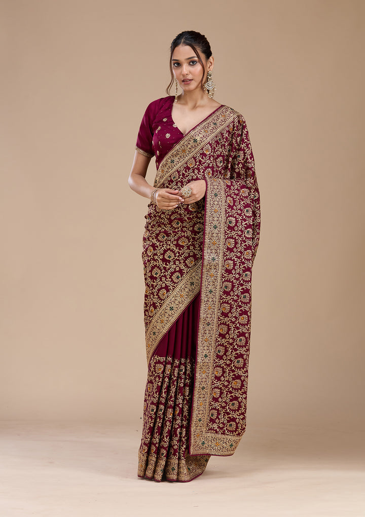 Wine Zariwork (Gold) Soft Raw Silk Saree