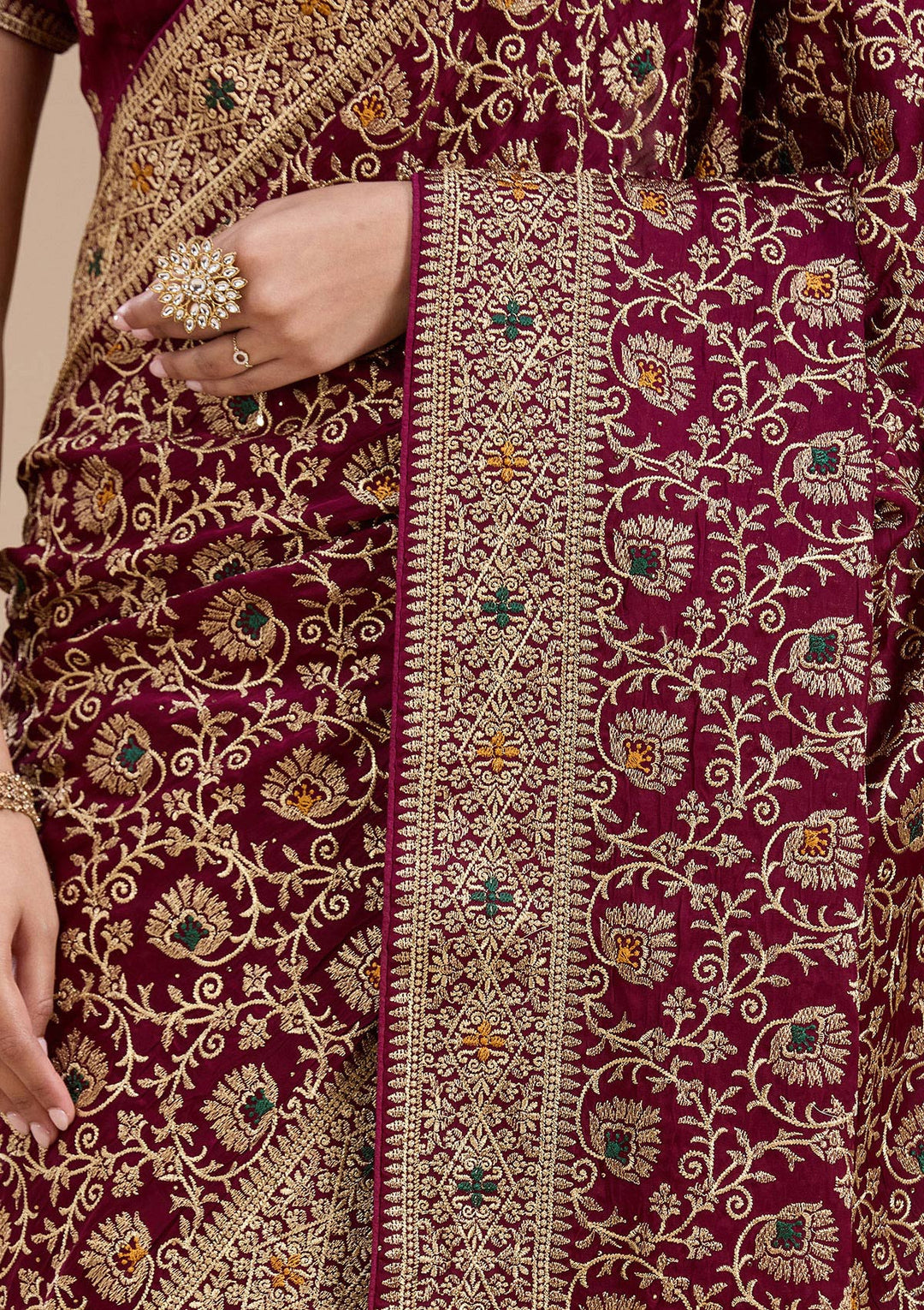 Wine Zariwork (Gold) Soft Raw Silk Saree