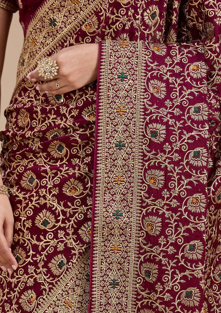 Wine Zariwork (Gold) Soft Raw Silk Saree