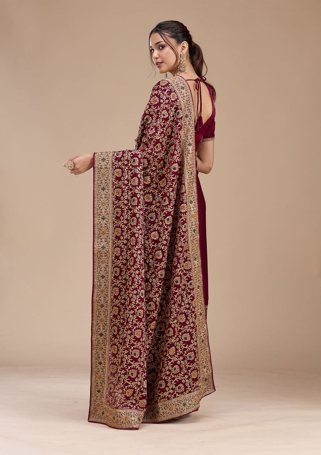 Wine Zariwork (Gold) Soft Raw Silk Saree