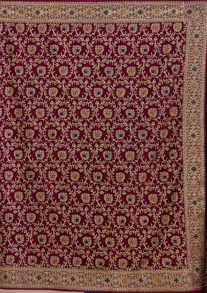Wine Zariwork (Gold) Soft Raw Silk Saree