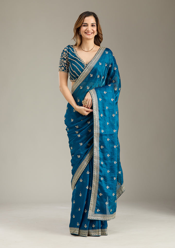 Peacock Blue Zariwork (Gold) Tissue Saree