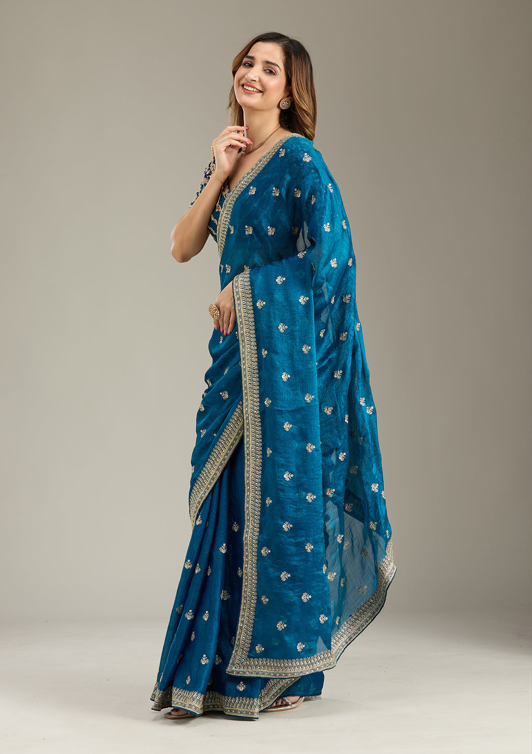 Peacock Blue Zariwork (Gold) Tissue Saree