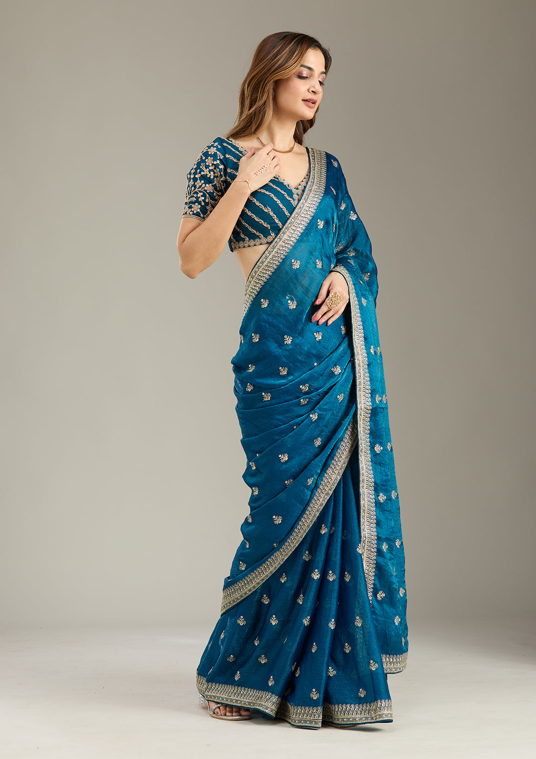 Peacock Blue Zariwork (Gold) Tissue Saree
