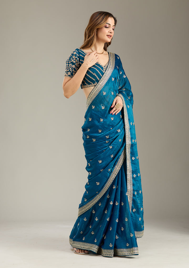 Peacock Blue Zariwork (Gold) Tissue Saree