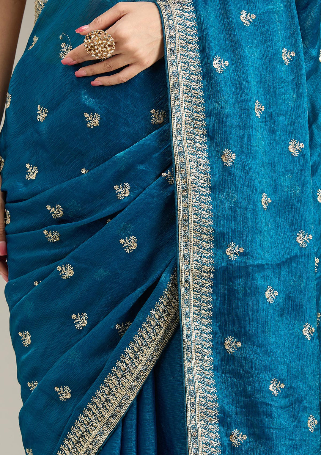 Peacock Blue Zariwork (Gold) Tissue Saree