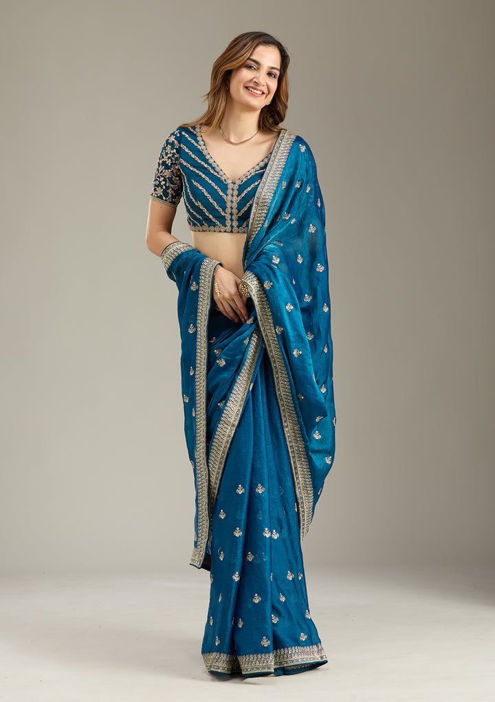Peacock Blue Zariwork (Gold) Tissue Saree