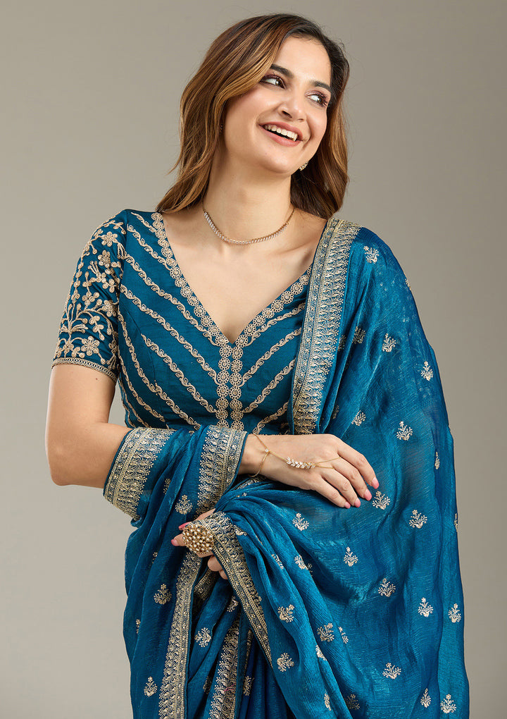 Peacock Blue Zariwork (Gold) Tissue Saree