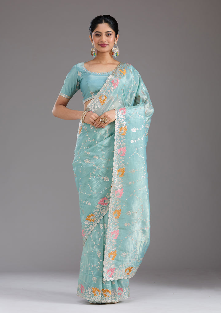 Sea Green Gotapatti Organza Saree