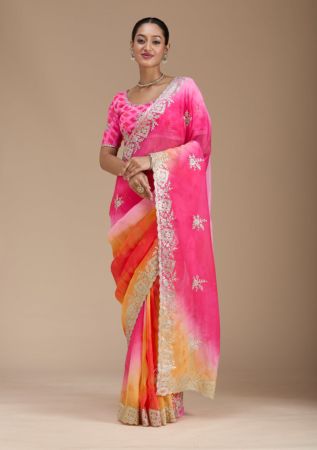 Pink Gotapatti Crepe Saree