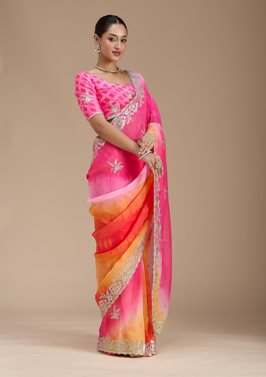 Pink Gotapatti Crepe Saree