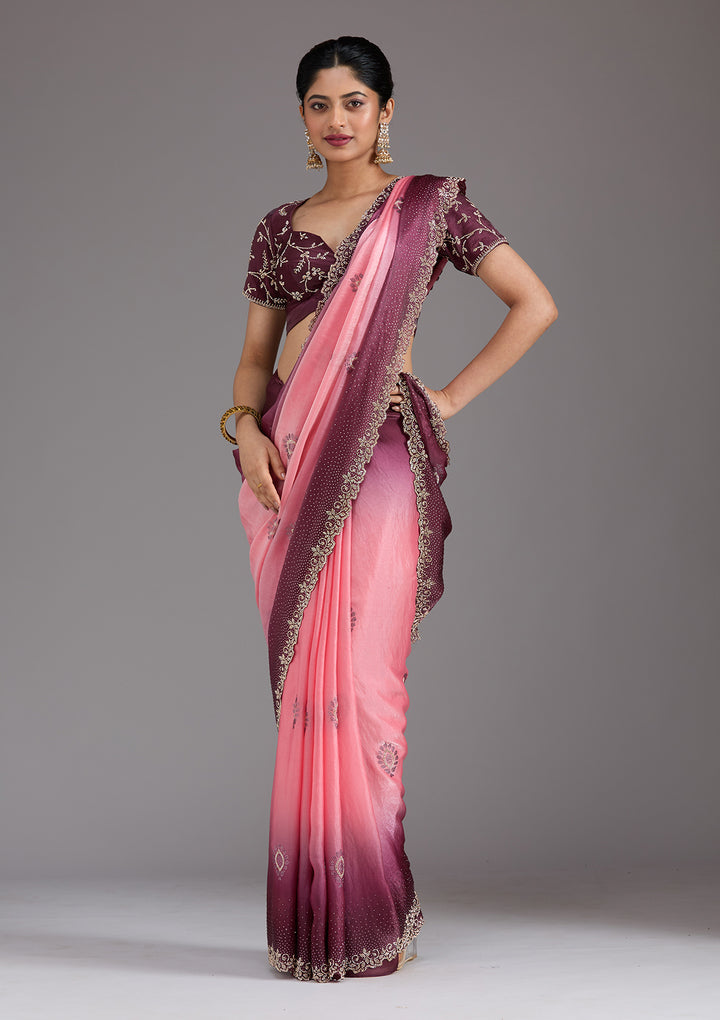 Gajari Pink Stonework (Gold) Tissue Saree
