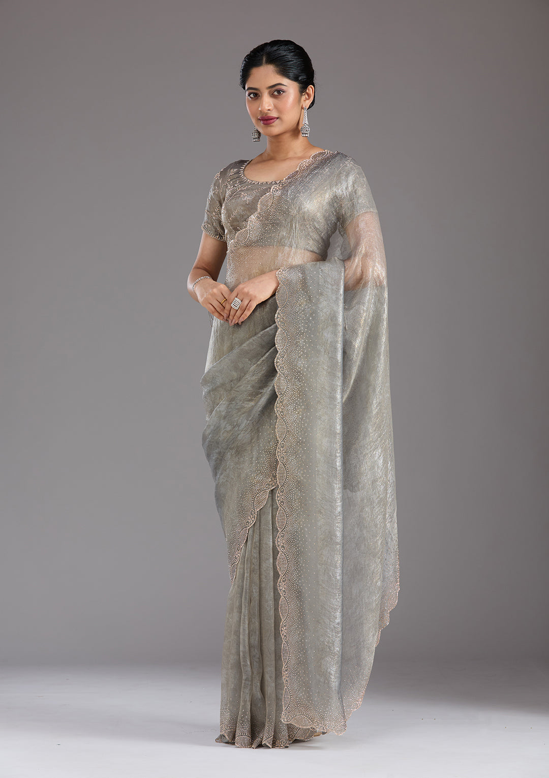 Grey Stonework (Gold) Tissue Saree