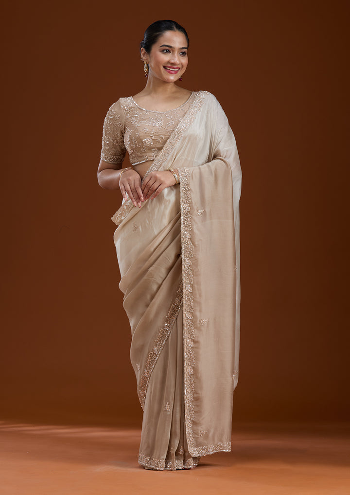 Beige Cutdana Silk Saree