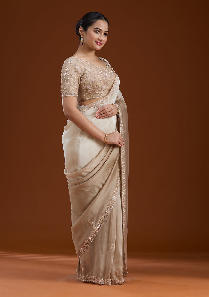Beige Cutdana Silk Saree