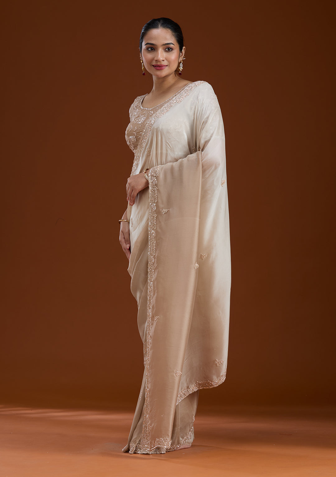 Beige Cutdana Silk Saree