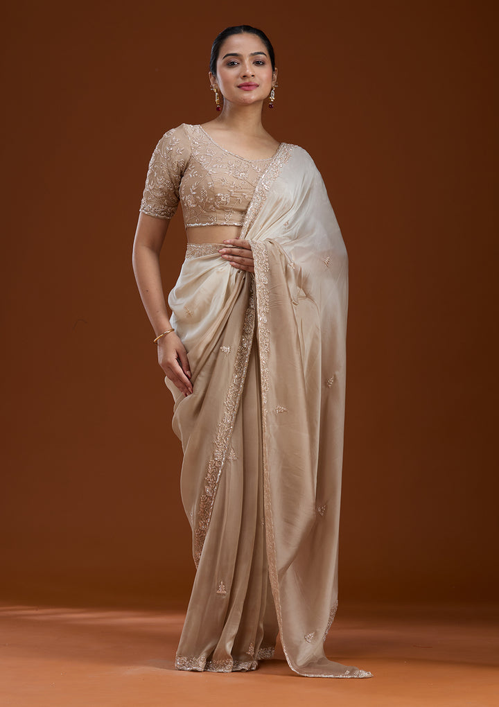 Beige Cutdana Silk Saree