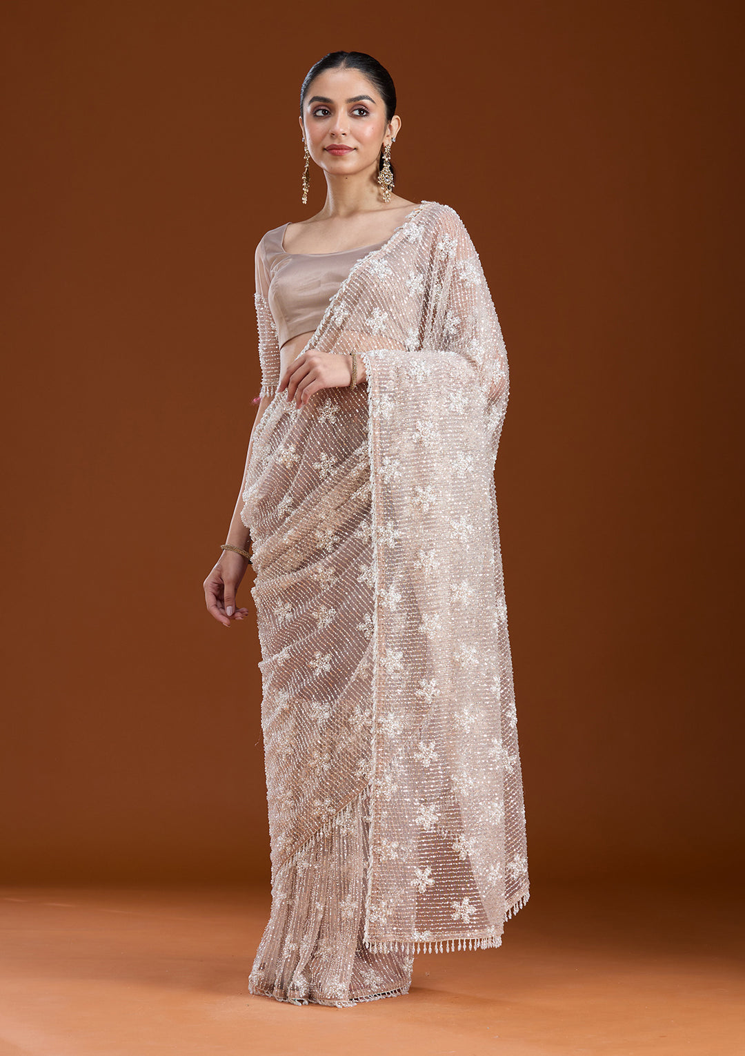 Beige Sequins Net Saree