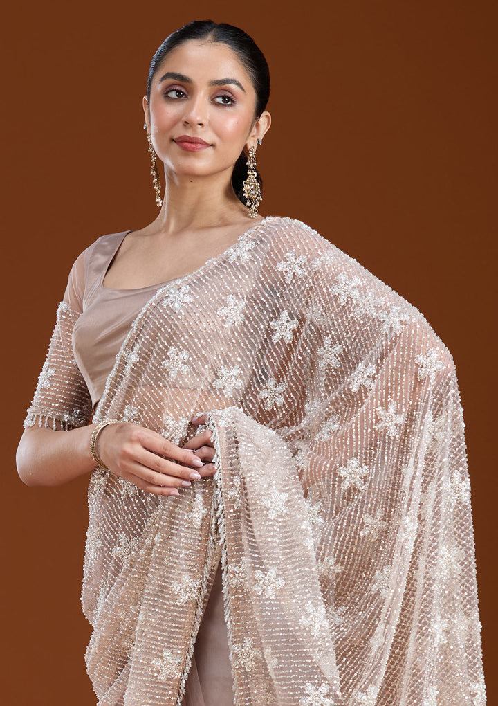 Beige Sequins Net Saree