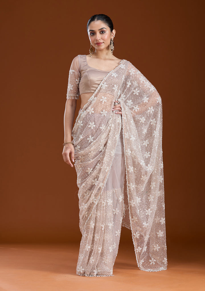 Beige Sequins Net Saree