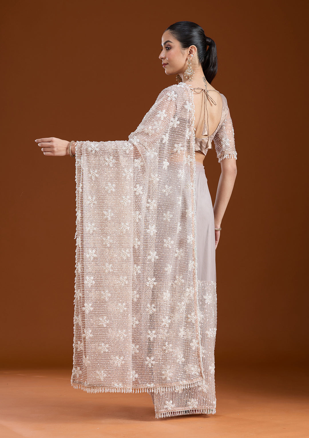 Beige Sequins Net Saree