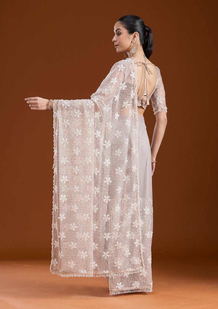 Beige Sequins Net Saree