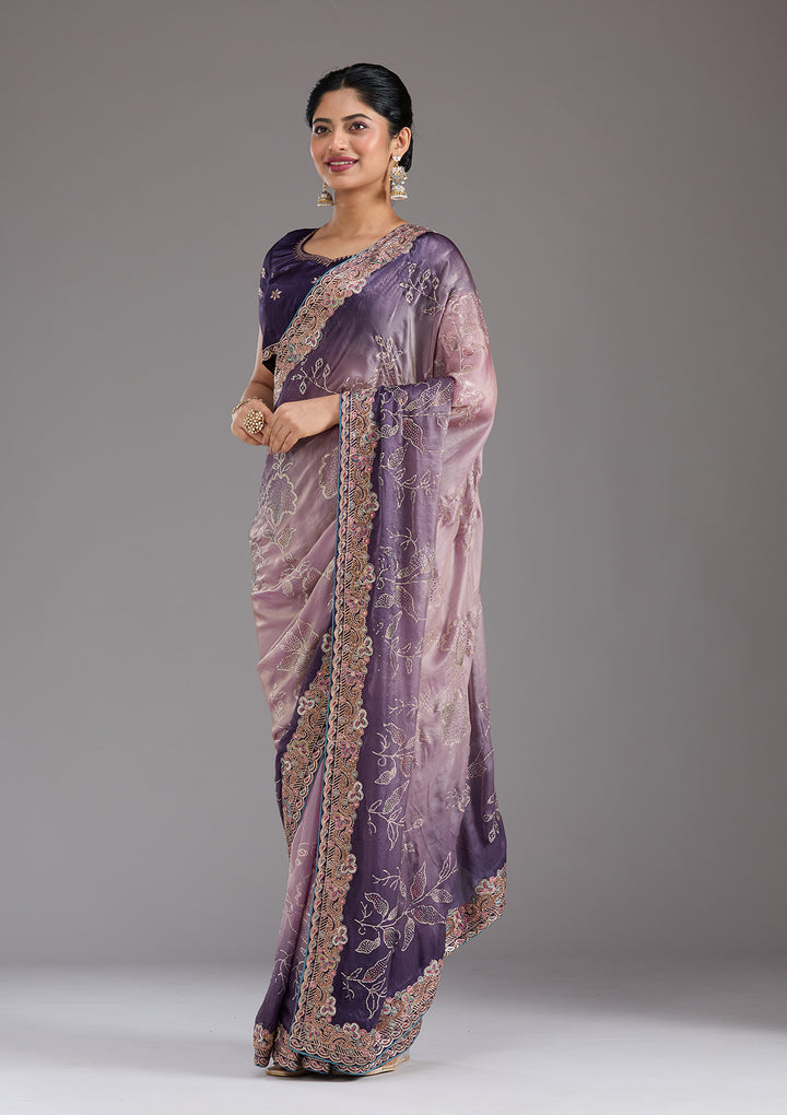 Purple Stonework (Gold) Tissue Saree