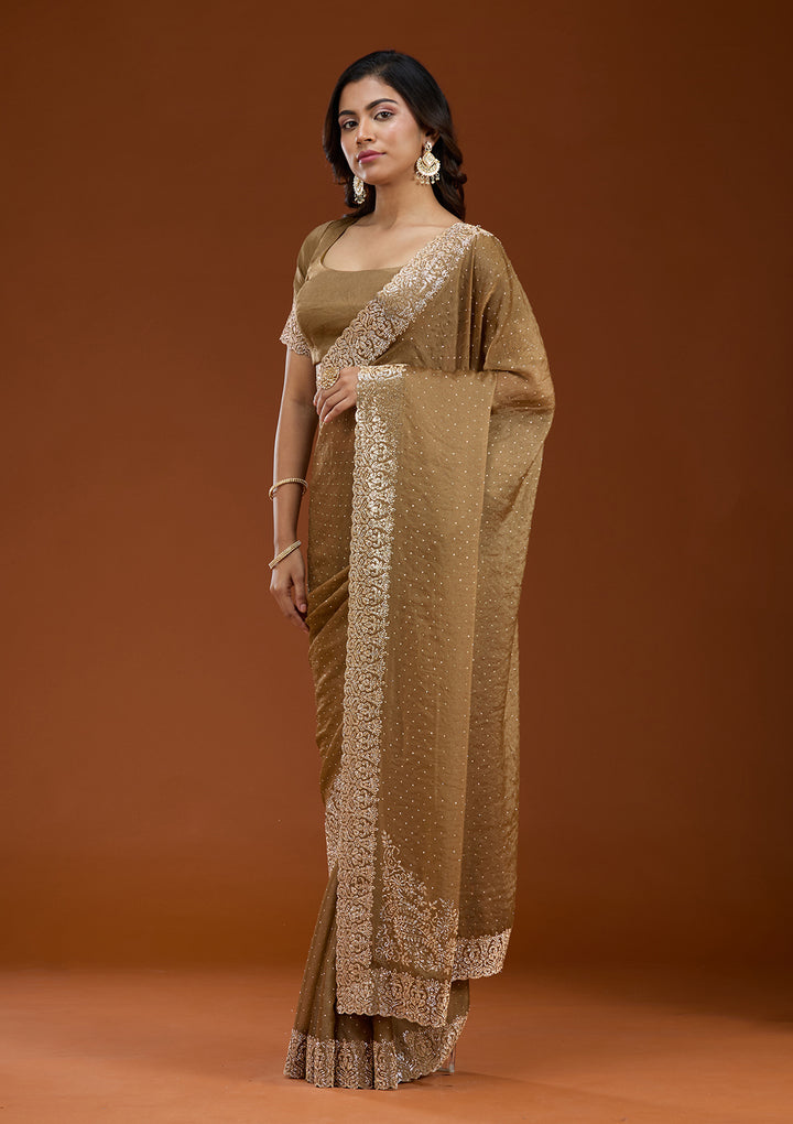 Brown Zariwork (Gold) Georgette Saree