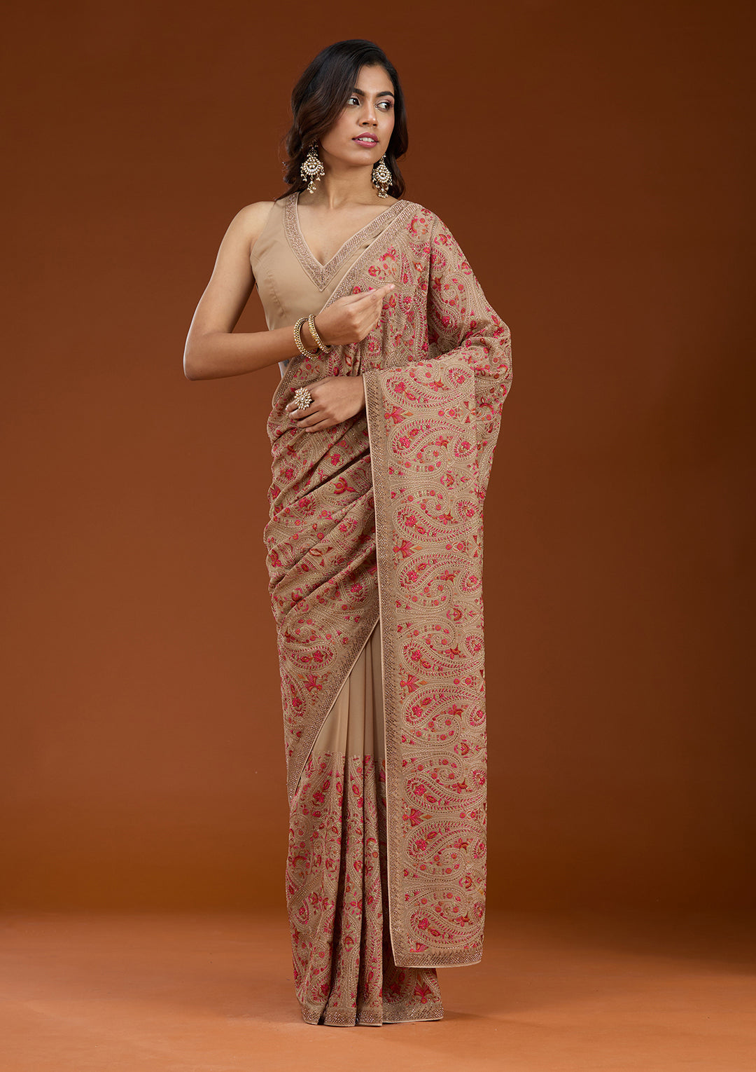 Beige Kashmiri Georgette Saree