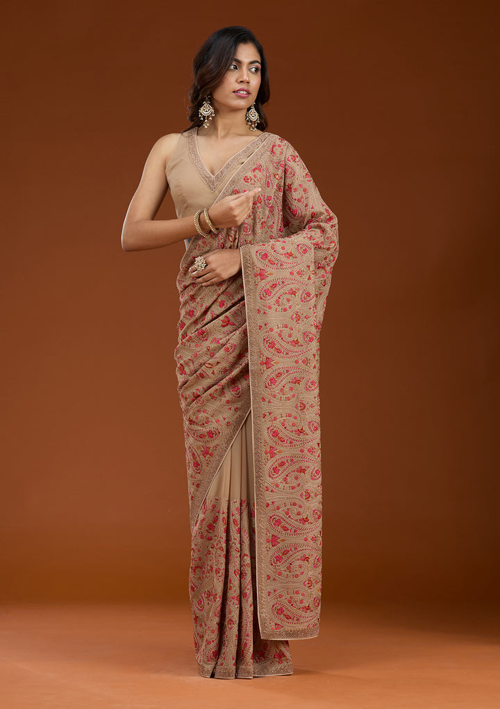 Beige Kashmiri Georgette Saree