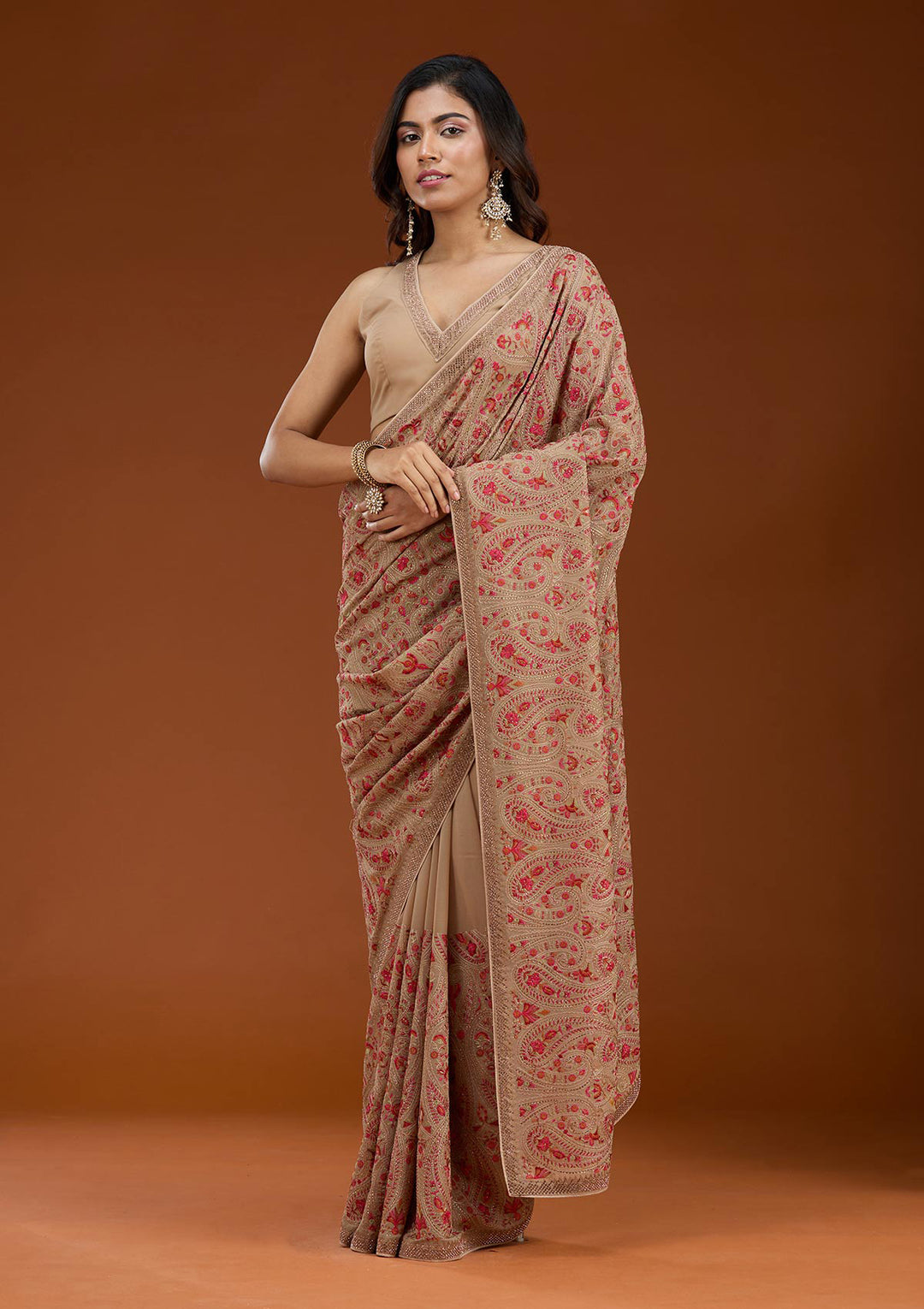 Beige Kashmiri Georgette Saree