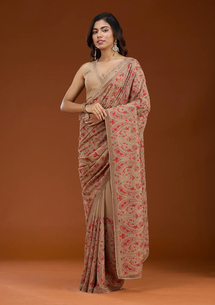 Beige Kashmiri Georgette Saree