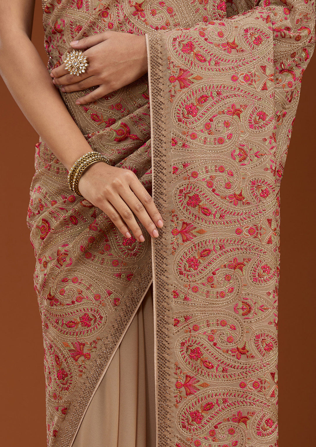 Beige Kashmiri Georgette Saree