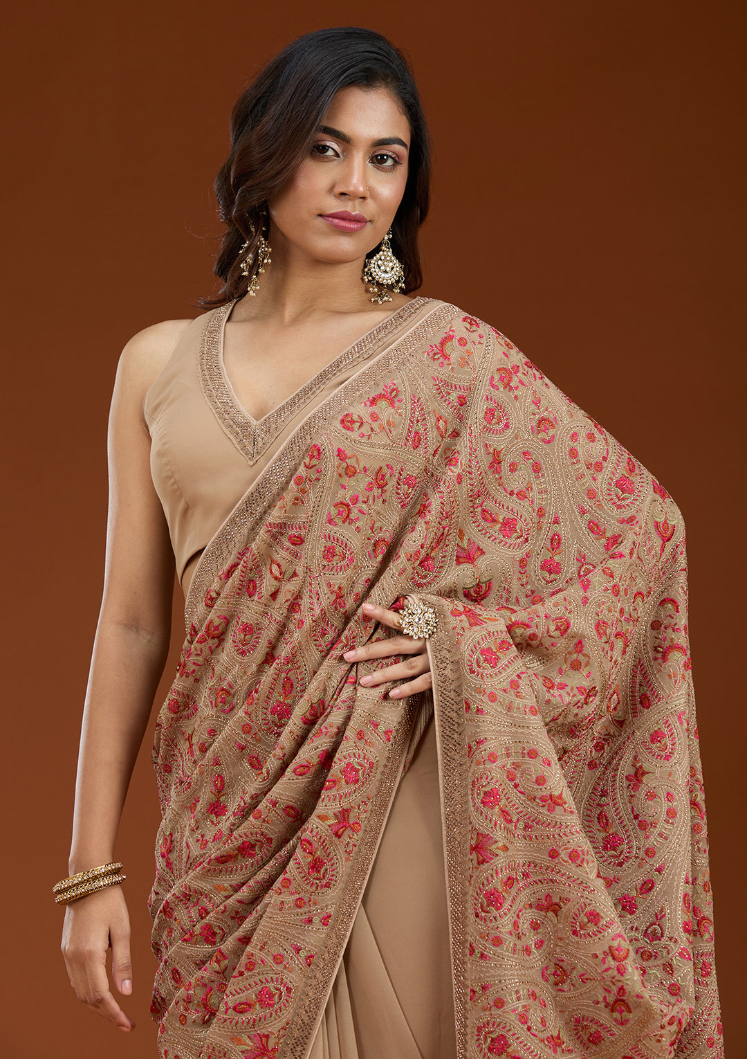 Beige Kashmiri Georgette Saree