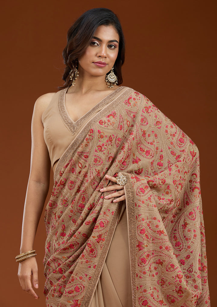 Beige Kashmiri Georgette Saree