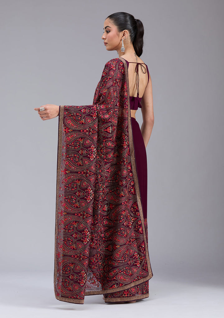 Wine Kashmiri Georgette Saree