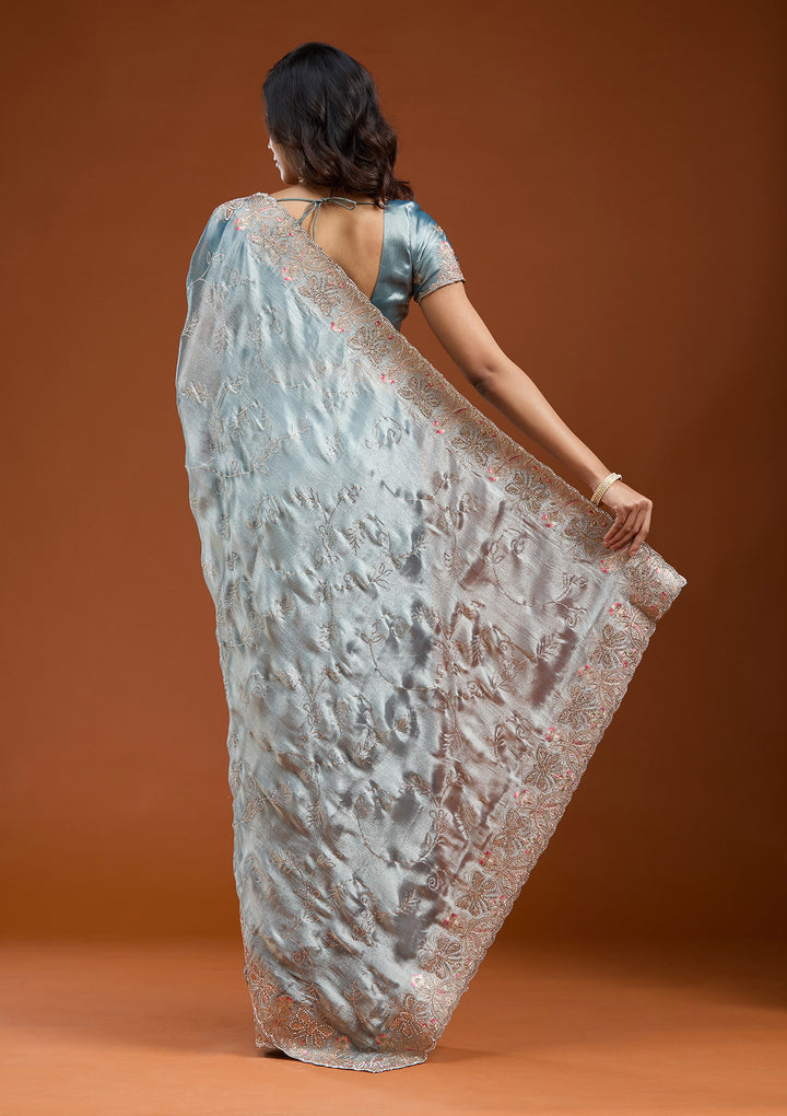 Grey Stonework (Gold) Organza Saree