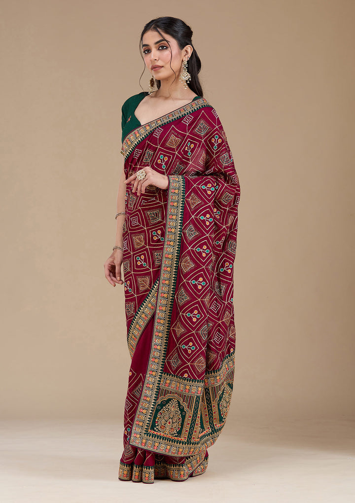 Wine Threadwork Soft Raw Silk Saree