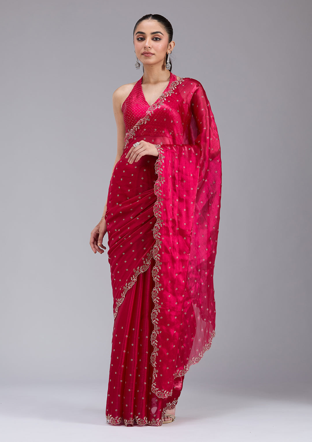Rani Pink Stonework (Gold) Tissue Saree