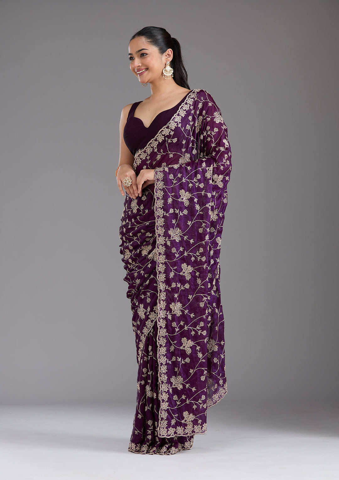 Purple Threadwork Tissue Saree