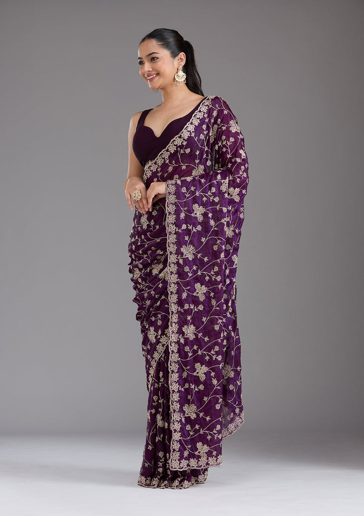 Purple Threadwork Tissue Saree