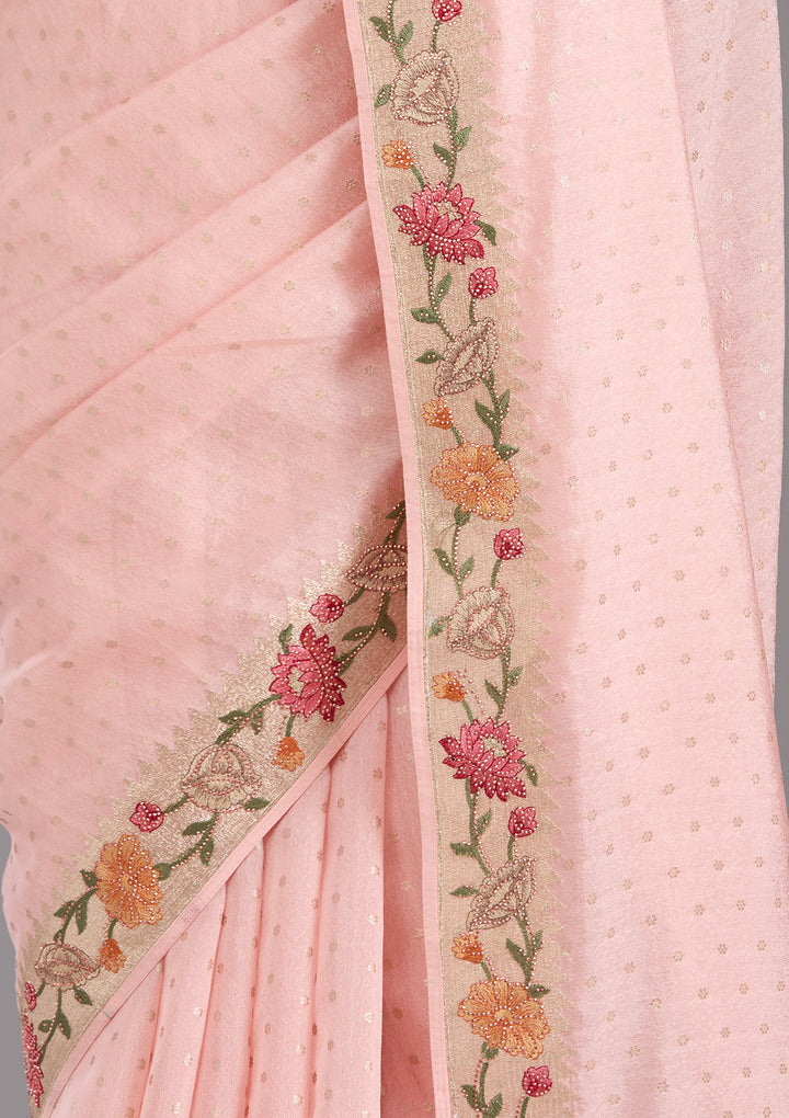 Baby Pink Threadwork Tissue Saree