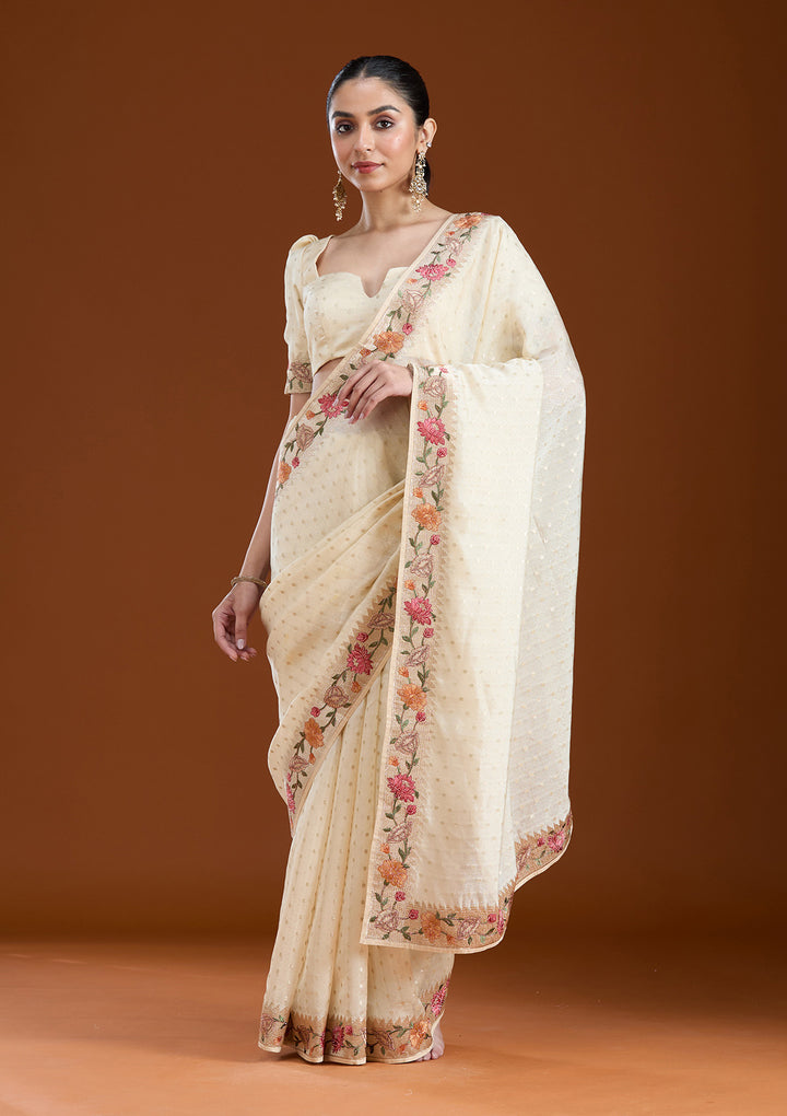 Cream Threadwork Tissue Saree