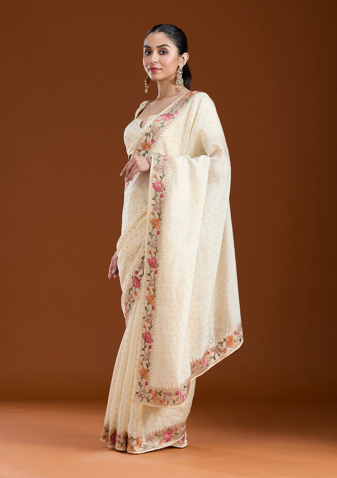 Cream Threadwork Tissue Saree