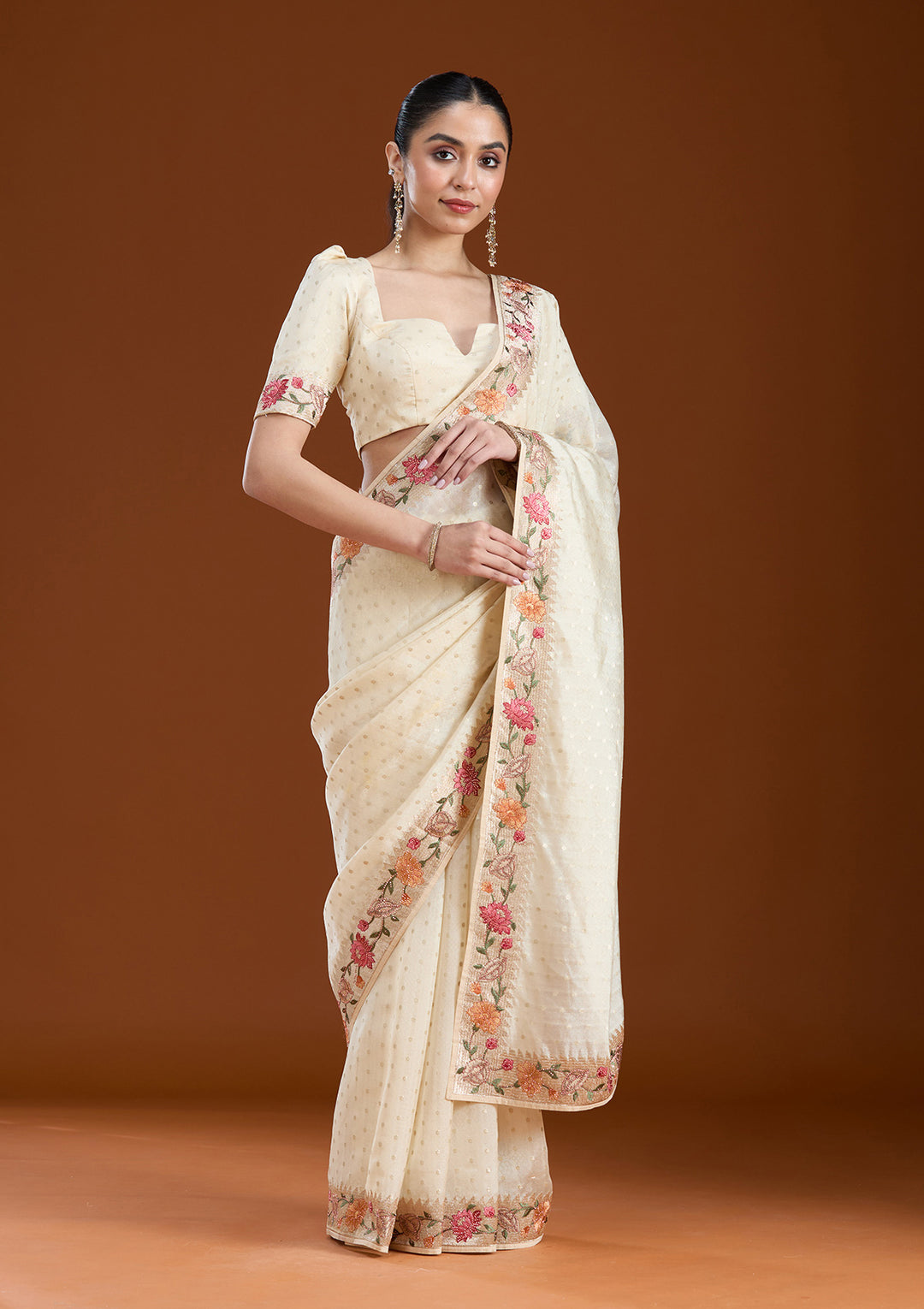 Cream Threadwork Tissue Saree