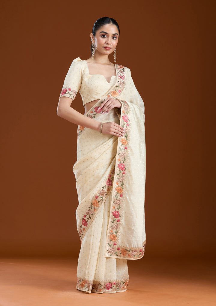 Cream Threadwork Tissue Saree