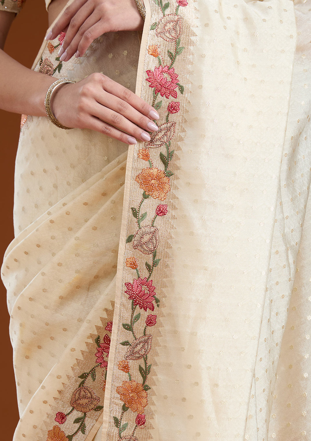 Cream Threadwork Tissue Saree