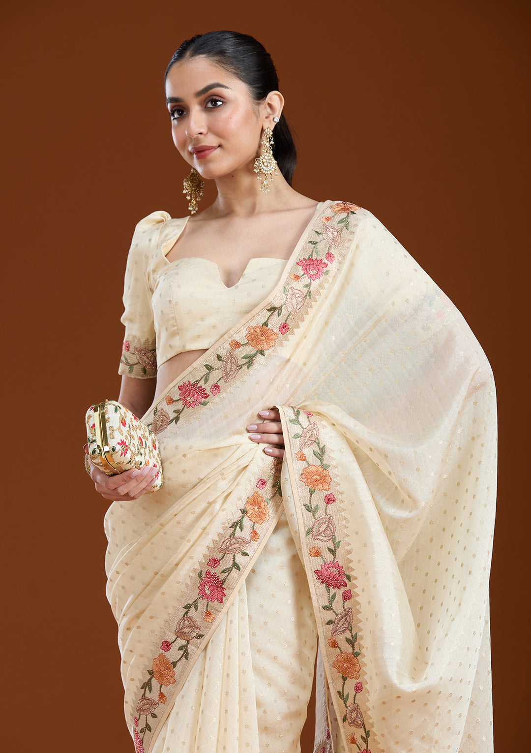 Cream Threadwork Tissue Saree